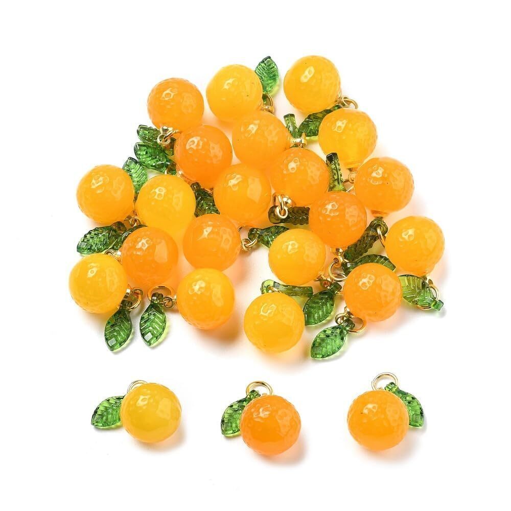9181 10pcs Natural Orange Agate Charms Imitation Fruit with Green Leaf Food